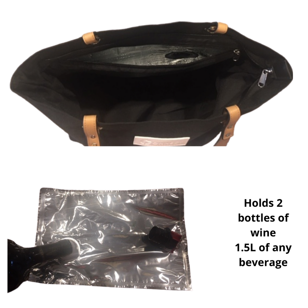 Connect wine purse in black inside the bag. Wine Purse with a hidden insulated pocket & pouring spout that holds 2 bottles of wine. Includes a removable wine pouch for ease of use.