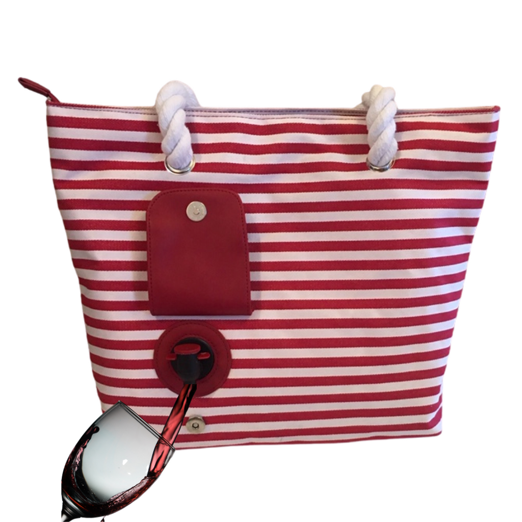 Connect wine purse tote in red & wite.  Beach Bag wine tote with a hidden insulated pocket & pouring spout that holds 2 bottles of wine.   Includes a removable wine pouch  for ease of use.  