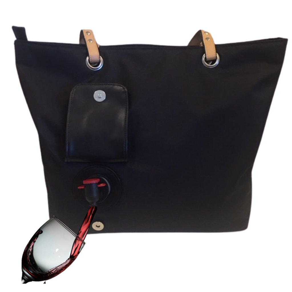 Connect wine purse in black. Wine Purse with a hidden insulated pocket & pouring spout that holds 2 bottles of wine. Includes a removable wine pouch for ease of use.